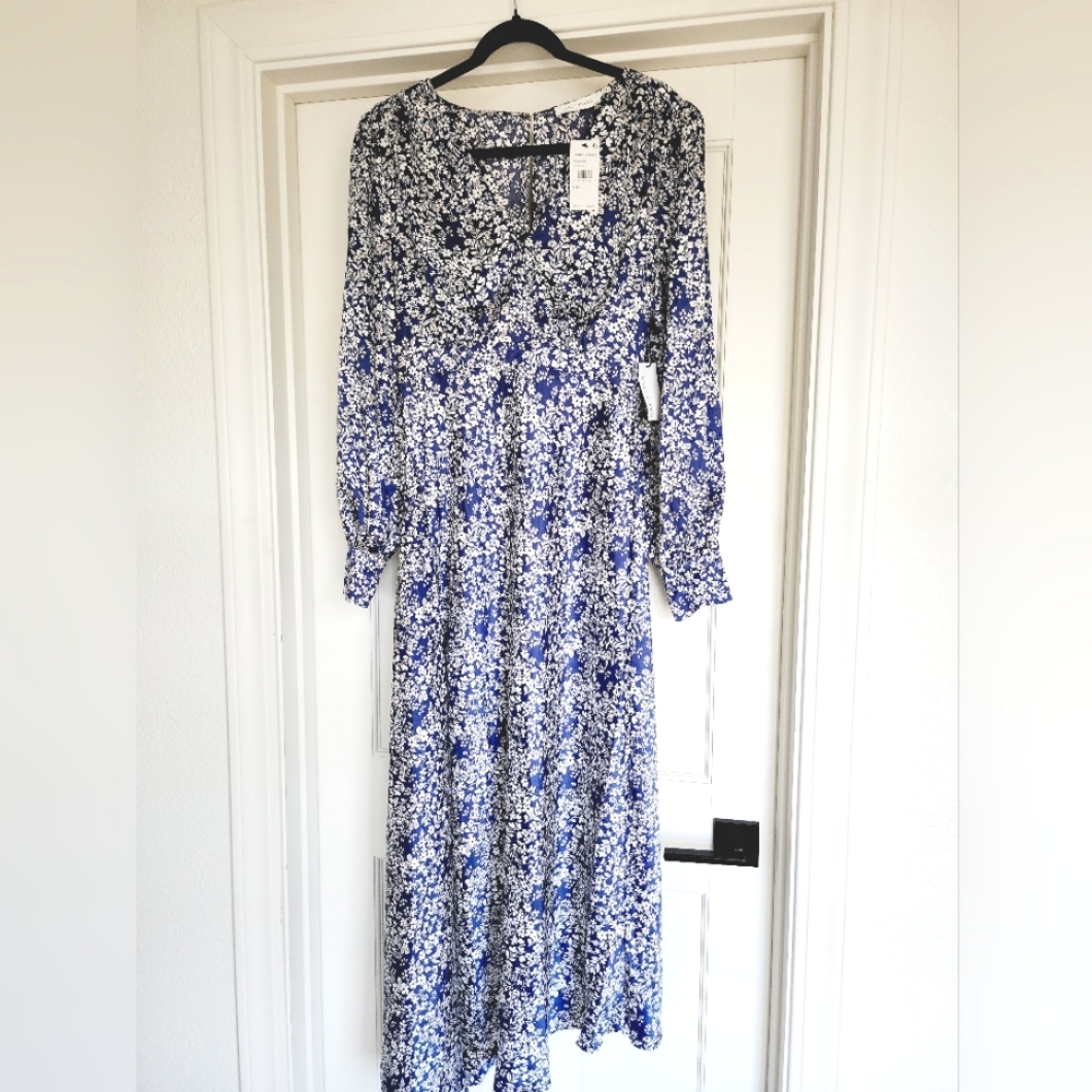 Florets studious denim blue asymmetrical midi floral dress